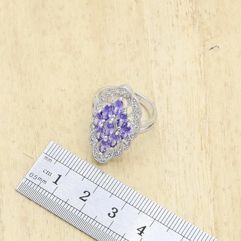 Наборы из натурального фиолетового полудрагоценного ювелирного серебра для женщин - серьги, кольцо, подвеска, ожерелье, браслеты.