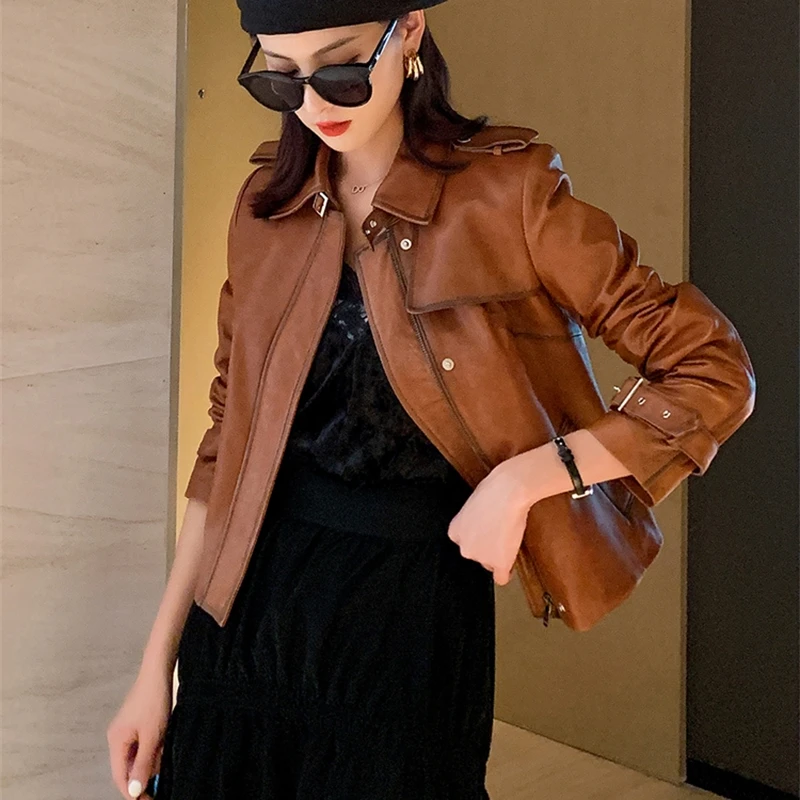 

Vintage Leather Women Real Genuine Sheepskin Coat Short Slim Spring Autumn Motorcycle Biker Jacket Woman M7548 Yy1793