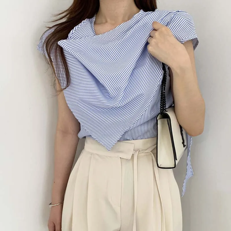 

Korejpaa Women Shirt 2021 Summer Korean Fashion Heap Collar Shawl Design Stitching Irregular Loose Stripes Flying Sleeve Blouses