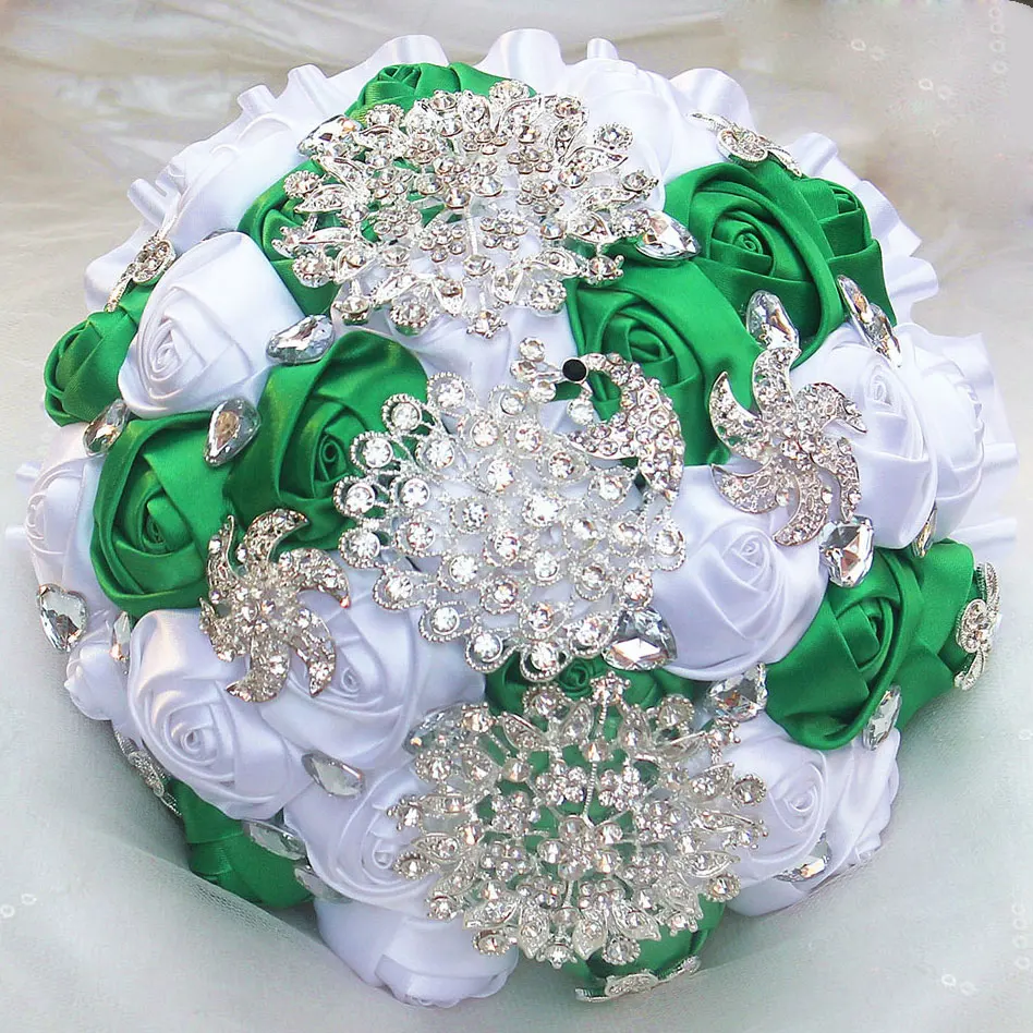 Свадебный букет с кристаллами, зелено-белый цвет, блестящие свадебные цветы, свадебные букеты, букет подружки невесты, свадебный букет W2797