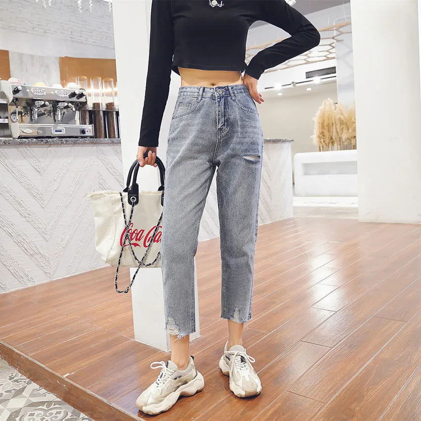 

JUJULAND woman hole casual jeans striaight loose plus size jeans