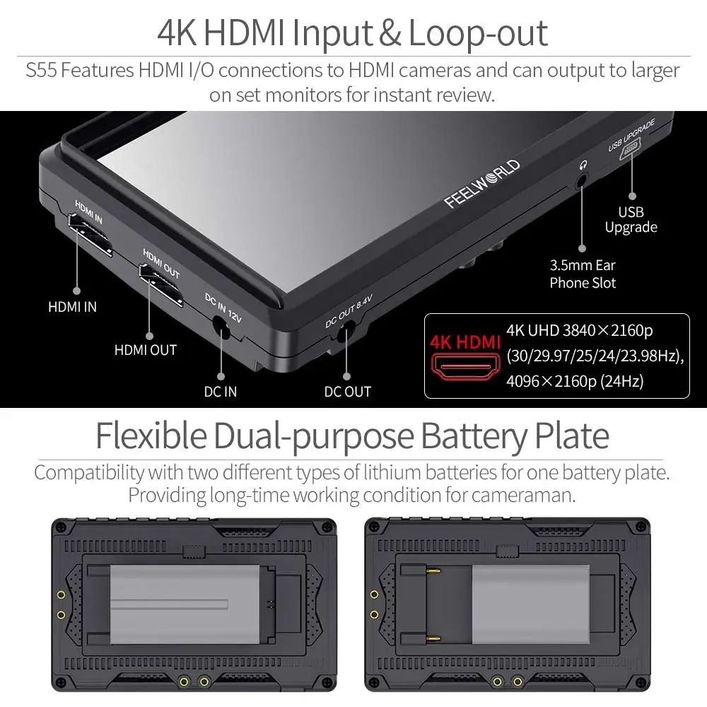 FEELWORLD S55 5 дюймов DSLR камера полевой монитор IPS 1280x720 поддержка 4K HDMI вход выход наклон