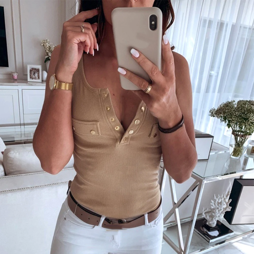 Женская сексуальная однотонная блузка с v образным вырезом без рукавов на