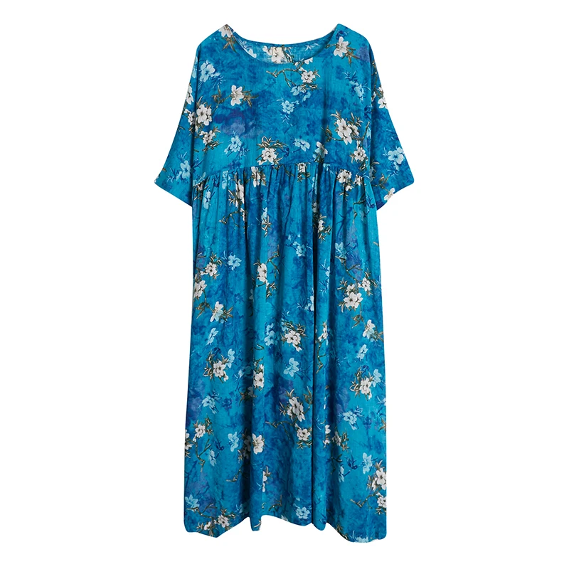 

BIG SIZE Summer Women Fashion Elegant Flower Print Tops Ladies Female Plus Large Long Casual Ruffles Cotton Linen Blue Dresses