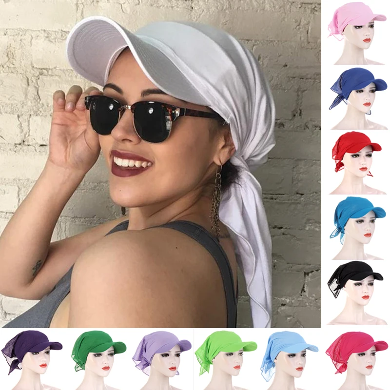 

12 Colors Pure Color Turban Caps Brim Cap Hijab Sun Visor with Pre-Tied Head Scarf Outdoor Muslim Scarf Cap Wholesale