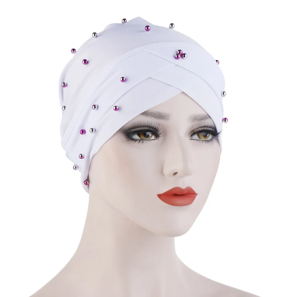 

New Women Elastic Turban Hat Muslim Hijab Islamic Beads Cancer Chemo Cap Ladies Hijab Stretch Hijab Cap Muslim Scarf women hats