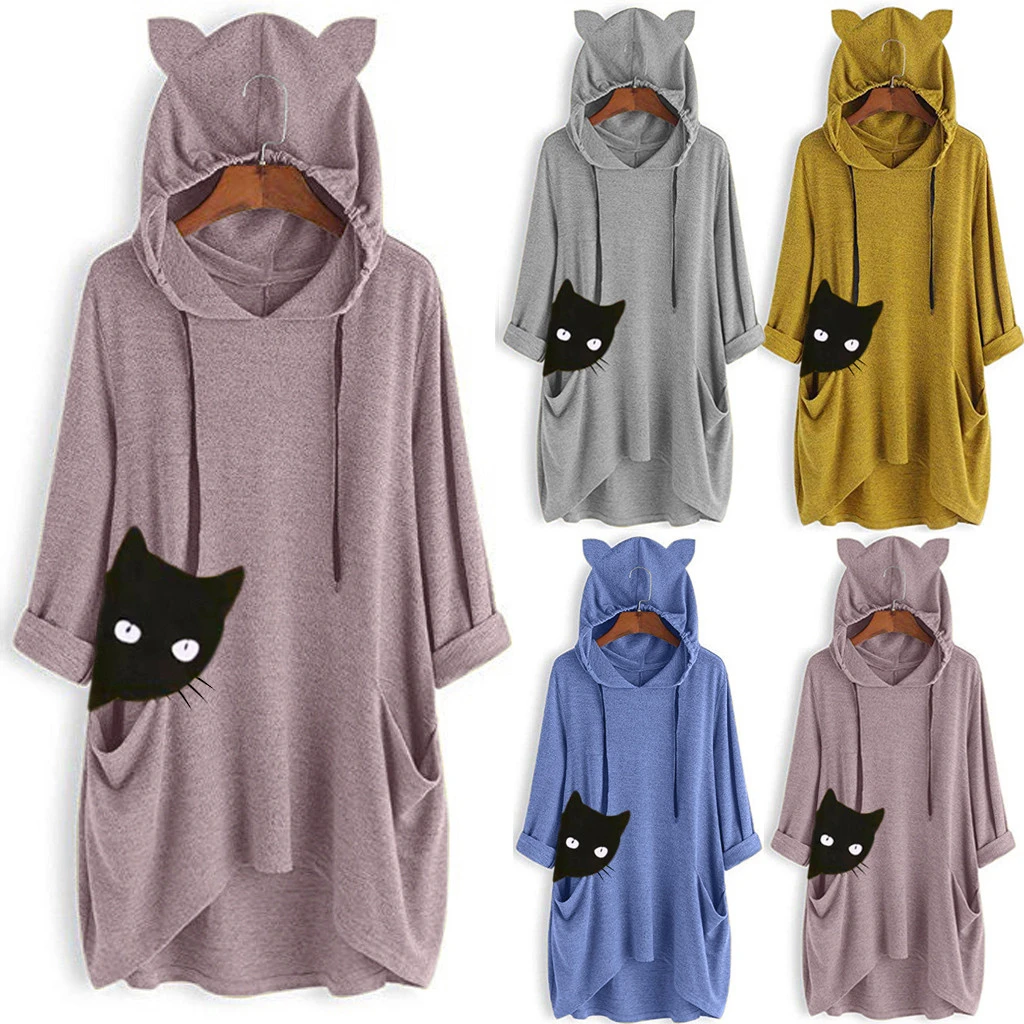Женская Осенняя блузка Повседневная Блузка с капюшоном и принтом кошачьих ушей