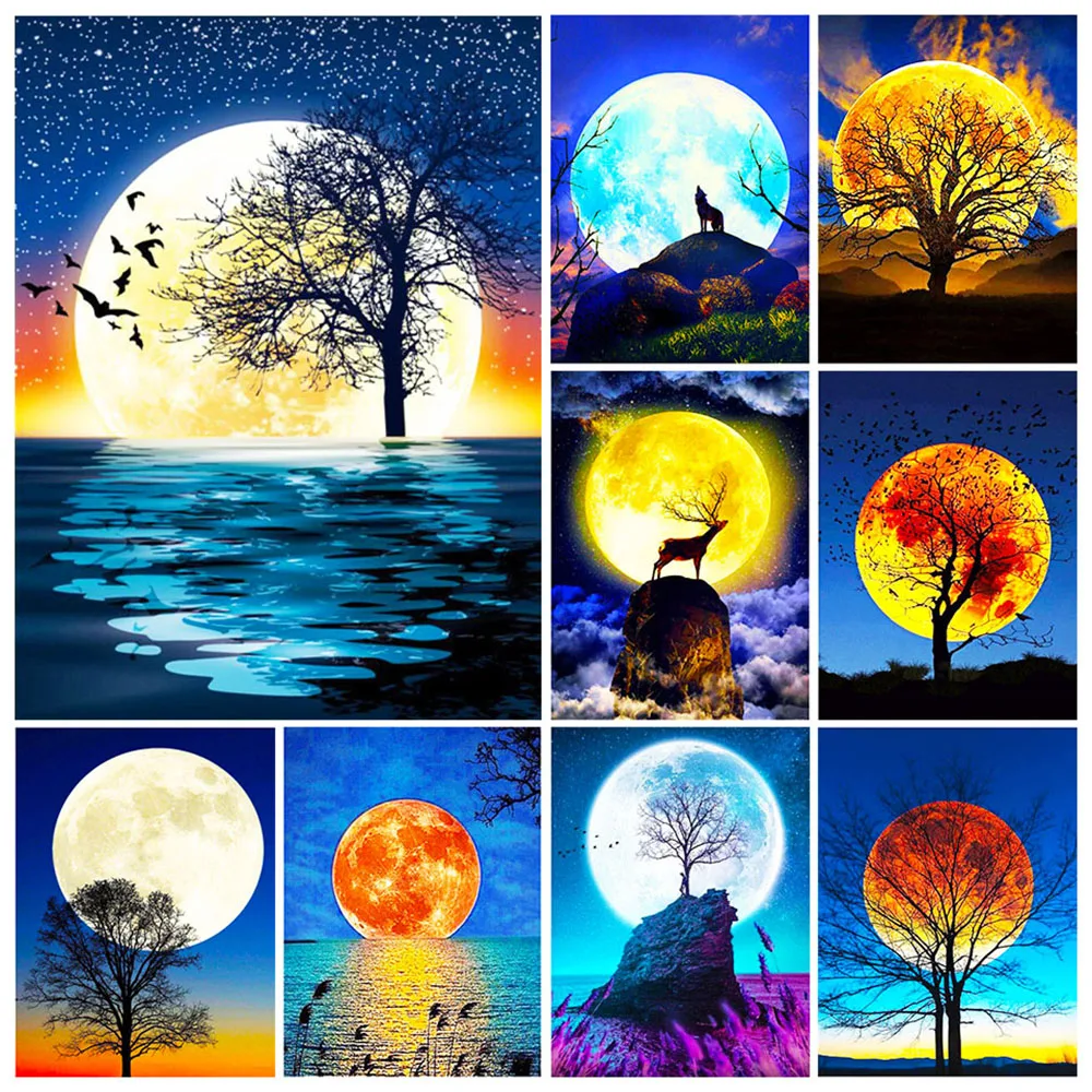 

5D алмазная живопись, пейзаж, луна, квадратная Алмазная мозаика, картина, искусство, вышивка крестиком, набор «сделай сам», украшение для дома