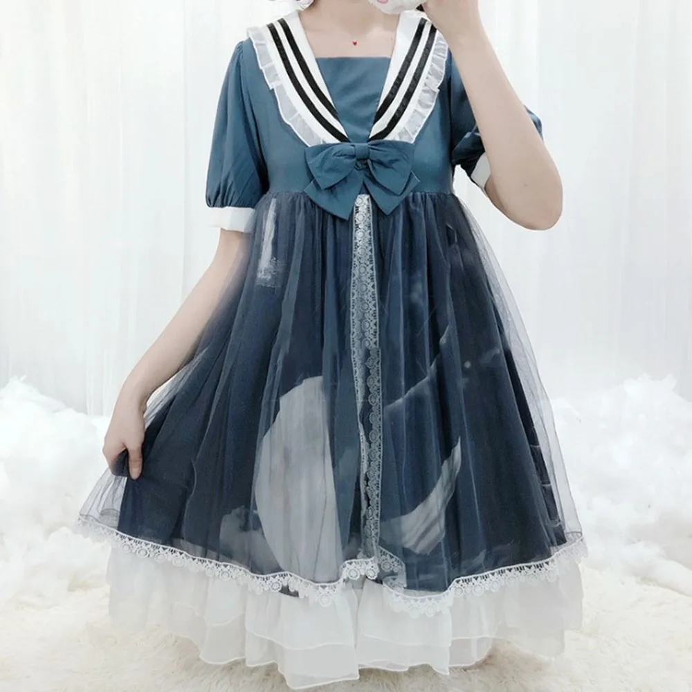 

2021 Summer Lolita Style Fashion Women's Dress Casual Temperament Bow Lace Splicing Navy Collar Summer