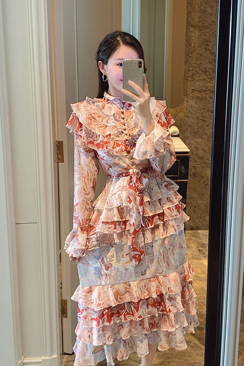 

Dresses French Style 2020 Autumn New Heavy Industry Half Turtleneck Ruffled Cake Long Sleeve Chiffon Dress Female Dress Kawaii