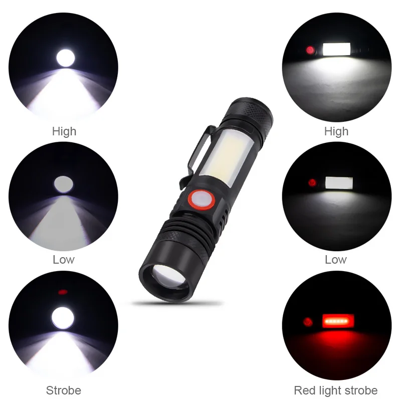 

T6 Flashlight Super Bright Magnetic USB Rechargeable LED Torch with Cob Sidelight 6 Modes outdoor Zoomable Lantern
