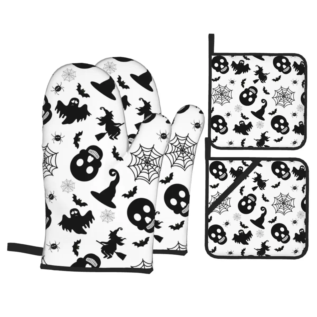 

4 Set of Kitchen Gloves Insulation Abstract Halloween Bat Ghost Pad Cooking Microwave Gloves Baking BBQ Oven Potholders Mitts