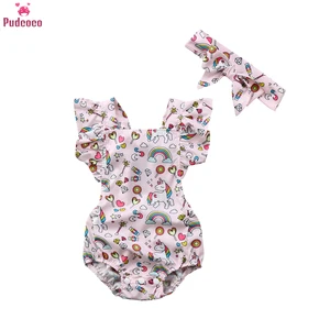 С принтом Радуга Единорог новорожденных одежда Одежда для новорожденных девочек с милой кружевной оборкой комбинезон без рукавов повязка на голову, летняя одежда