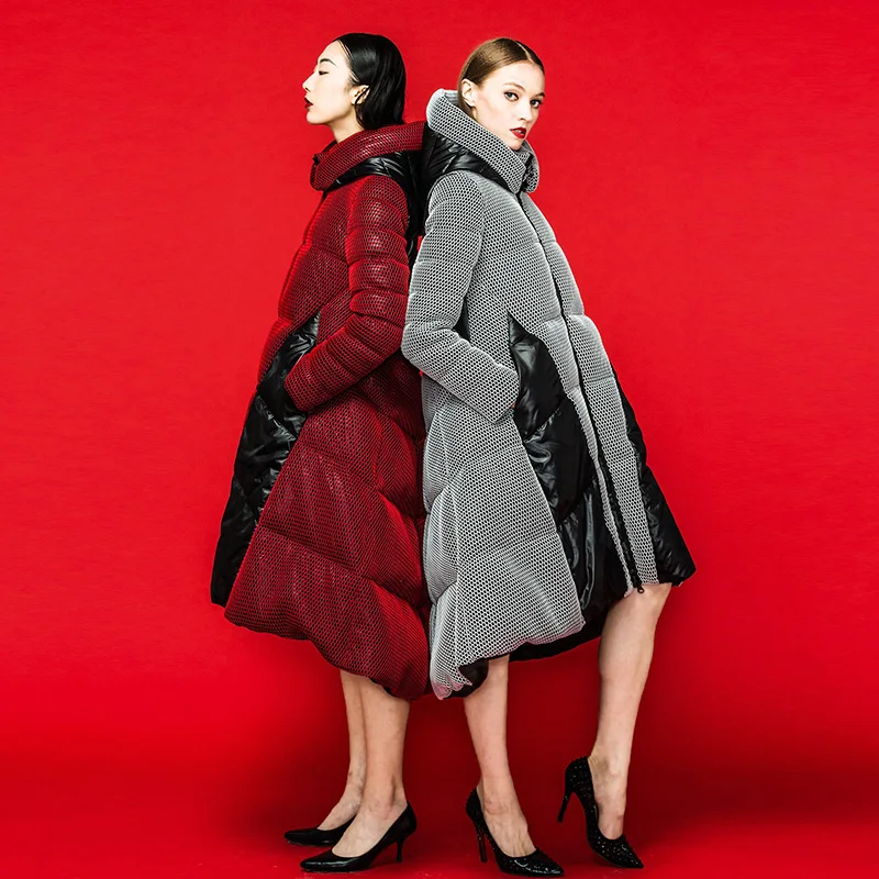 

S-XXL Winter 3d splicing A-line silhouette hooded longer hit color fluffy duck down coat female thicker warm down parkas wq2506