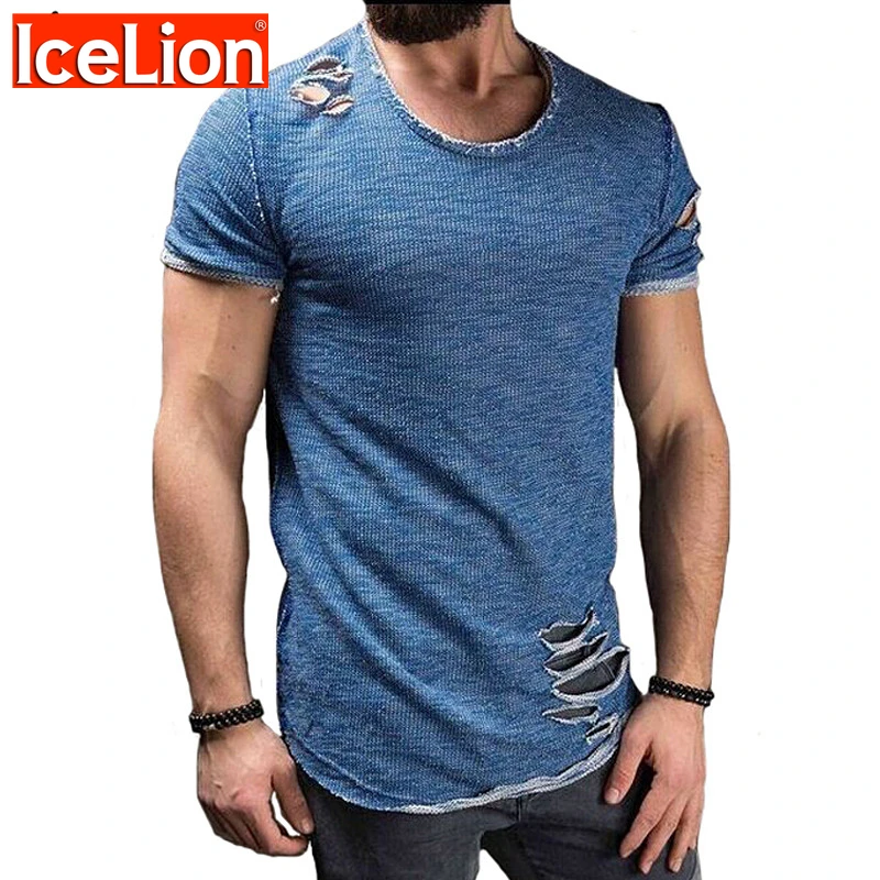 

IceLion 2023 Summer Cotton T Shirt Men Fashion Hole Short Sleeve T-shirt Solid Slim Fit O Neck Tops Casual Tshirt DropShipping