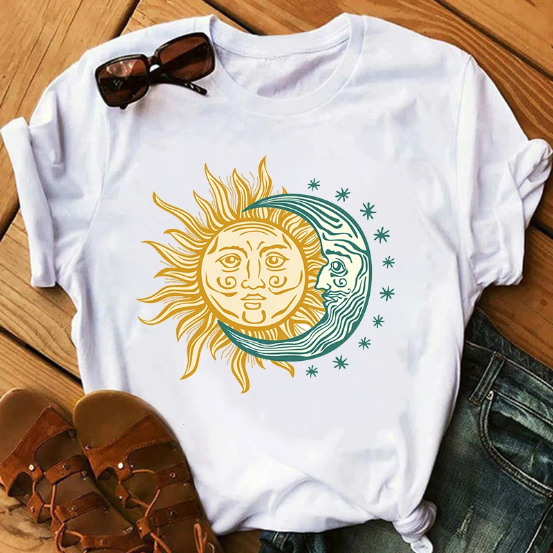 

New Harajuku Aesthetic Women Tshirt Sun Moon Print Loose O Neck Short Sleeve Stretched Tshirt Femme Casual Fashion Summer Top