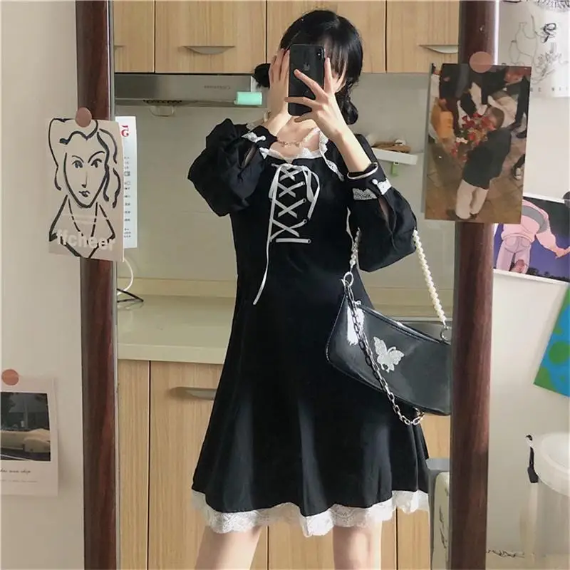 

Vintage Preppy Style Korean Soft Girl Dress Japanese Harajuku Square Collar Ruffle Lace Bow Dress Kawaii Sweet Lolita Dress Lady