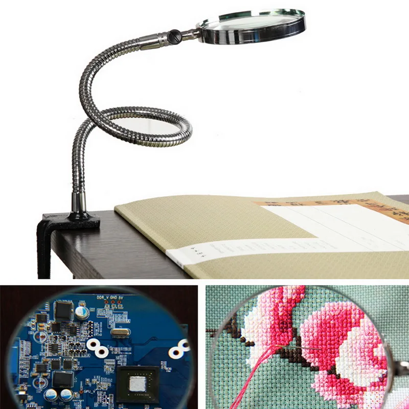 5X LED Illuminating Magnifier Metal Hose Magnifying Glass Table Reading Lamp With Clamp Adjustable Gooseneck | Инструменты