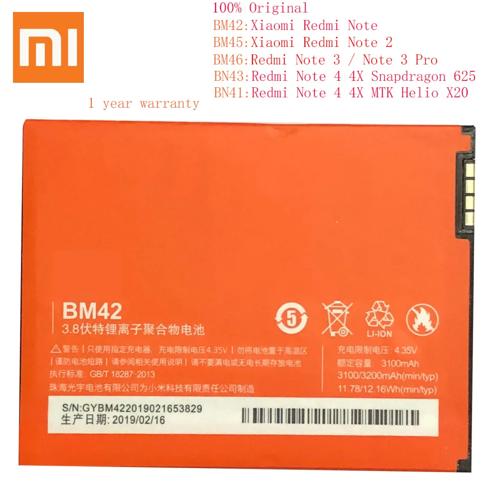 Оригинальный аккумулятор BM45 BM46 BM42 BN41 BN43 для Xiaomi Redmi Note 4 4X 3 2 Note2 Note3 Note4 сменный
