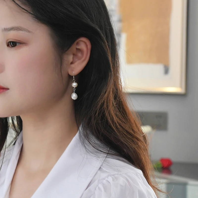 Женские серьги из натурального серебра пресноводный барочный жемчуг пробы ASHIQI