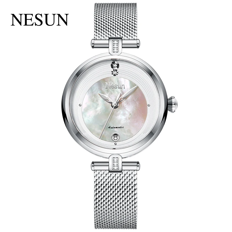 

NESUN New Women Fashion Casual Automatic Wristwatches Mechanical Movement Shell Dial Rhinstone Waterproof Calendar Silver 9066