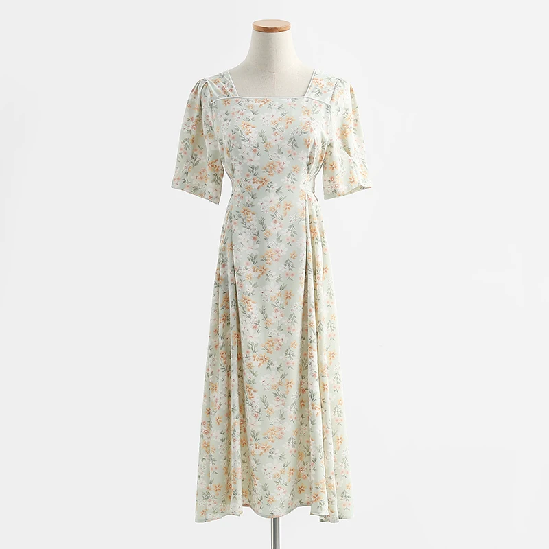 

Fashion French Women Chiffon Floral Dress 2021 Summer New Sweet Summer Slim Fit Square Neck Long Dress Ladies