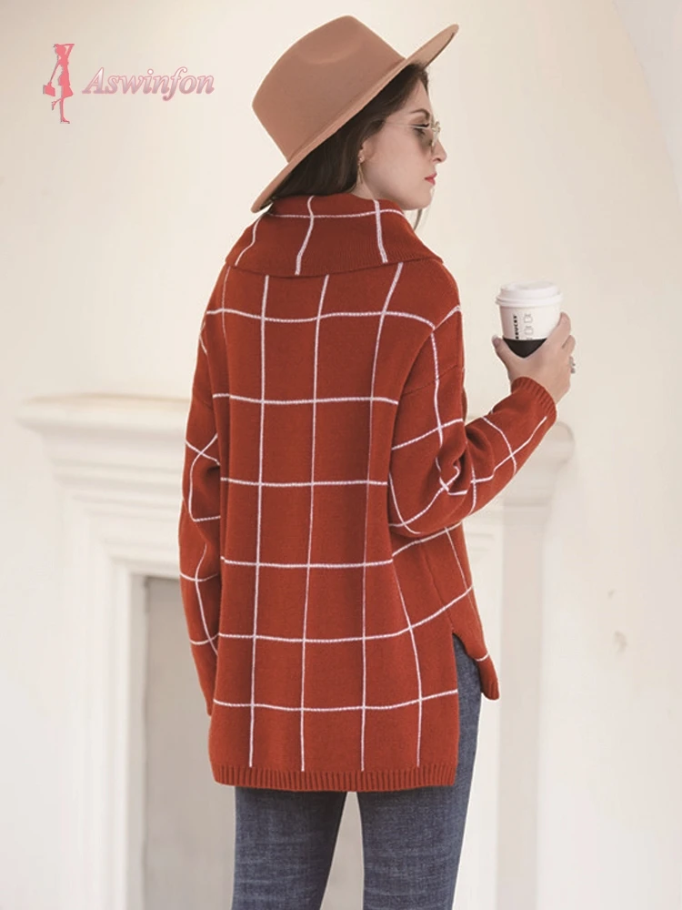 Aswinfon Checkered Turtleneck Sweater Women Loose Knitted Pullovers Autumn Winter Knit Pullover Long Sleeve Jumper Lady | Женская одежда