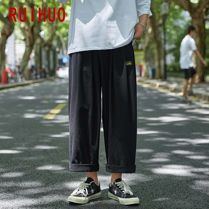 

RUIHUO Linen Casual Men's Pants Harajuku Men Clothing Black Linen Pants Ankle-Length Streetwear Trousers M-2XL 2021 New Arrivals