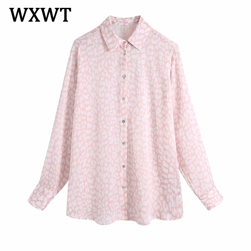 

WXWT 2021 Women Animal Print Silk Satin Texture Shirt Turn Down Collar Long Sleeve Female Casual Long Tops Blusas BB1107