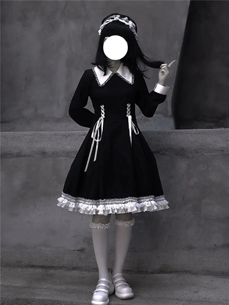 Gothic Lolita Kawaii Black Dress Women Harajuku Punk Long Sleeve Maid Cosplay Costume Female Bandage Princess Party Lace Dresses