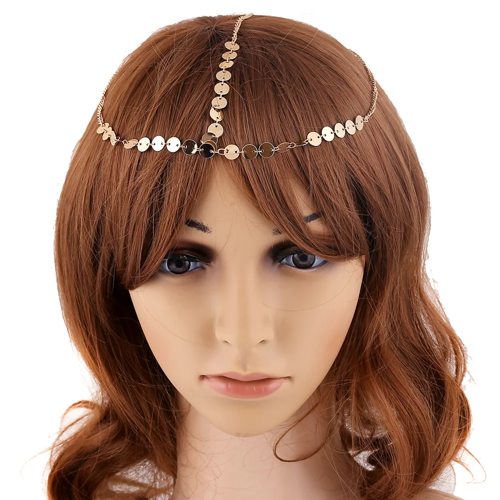 Цепочка на голову с пайетками Женская золотистая металлическая цепочка
