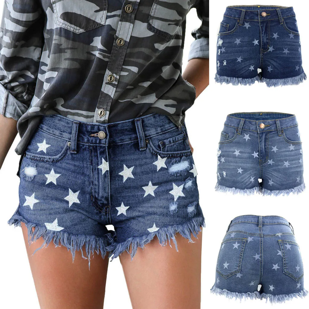 

New Short Jeans Women Solid Color Sexy Slim Jean Clothes Female Summer Fashion Star Printed Button Pocket Short High Waist Jeans