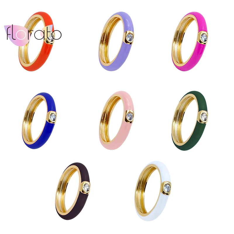 

8 Colors Simple Style Enamel Rings For Women Paved With Shiny Cubic Zirconia Ring Fashion Wedding Engagement Rings Jewelry