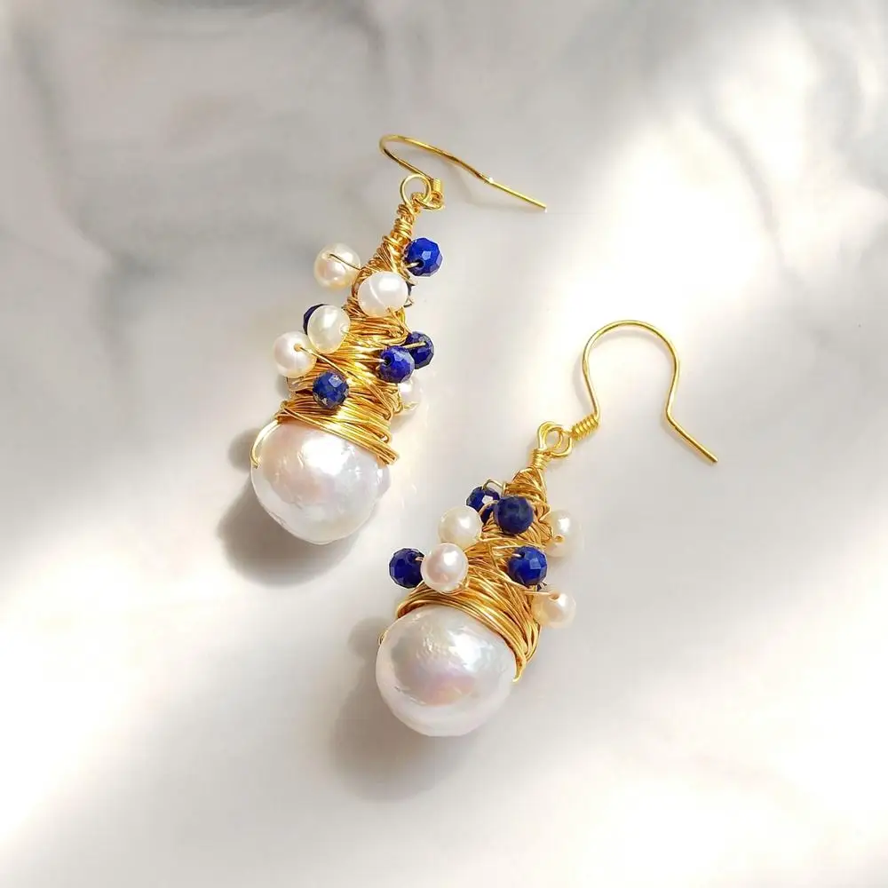 

Lii Ji Freshwater Pearl Baroque Pearl Blue Lapis Dangle Earrings Gold Filled Luxury Handmade Jewelry