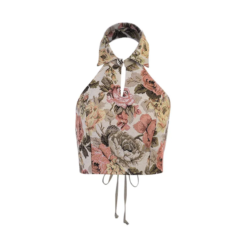 

Vintage Sleeveless Halter Tank Top Women Turn Down Collar Floral Print Backless Lace Up Crop Top Retro Vest 2000s Summer Yuqung