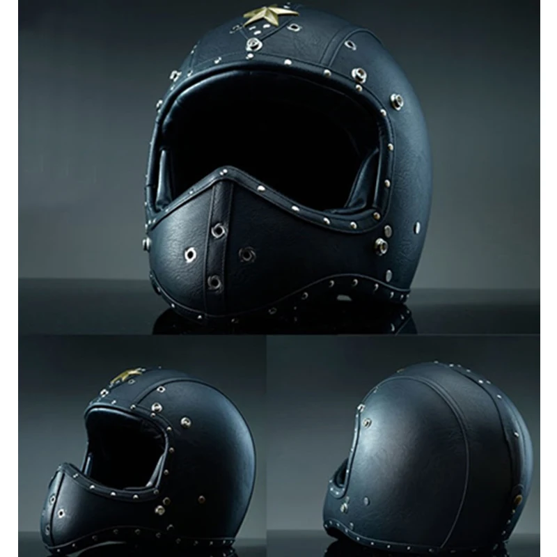 Новинка 2019 мотоциклетный шлем кожаный черный на все лицо оборудование для