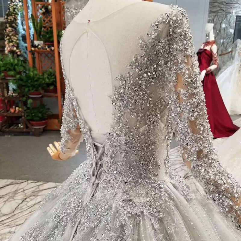 Вечерние платья LS701645 серого цвета с длинным рукавом и круглым вырезом платье для