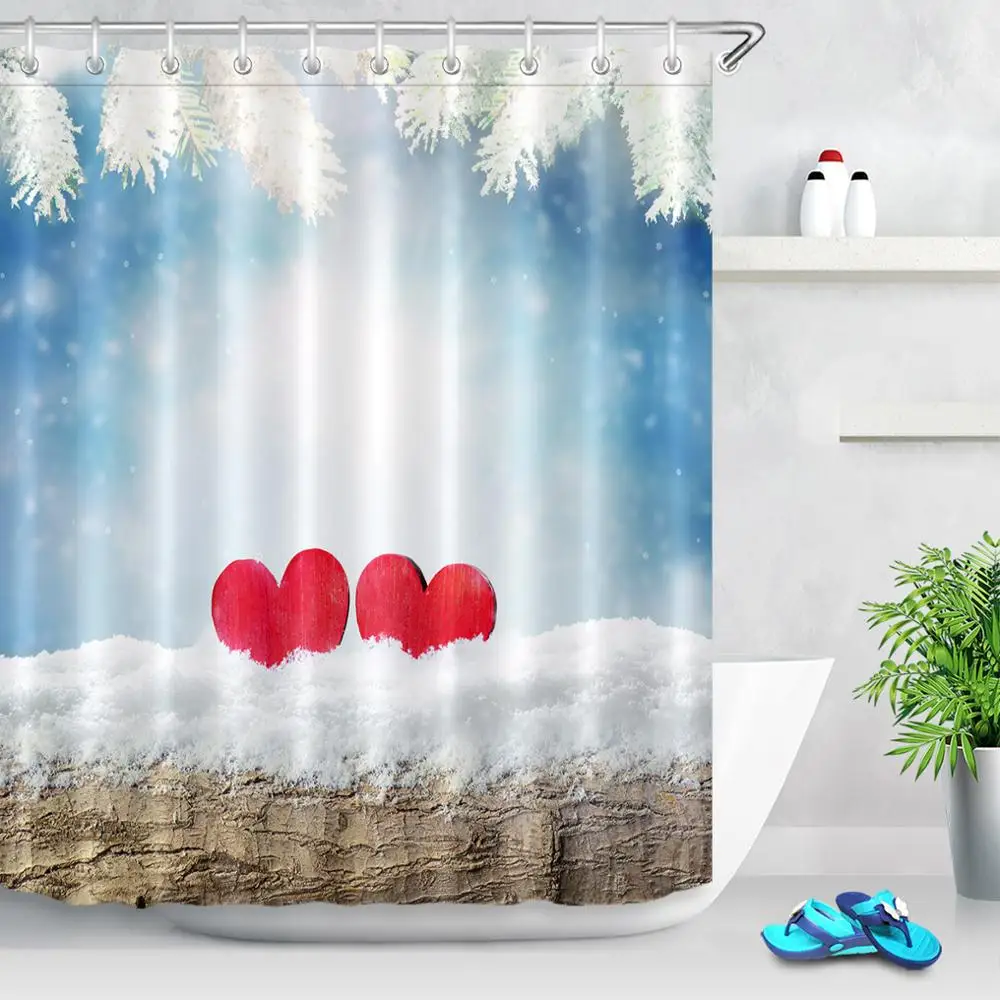 Зимние деревянные занавески для душа с красным сердцем ванной водонепроницаемые