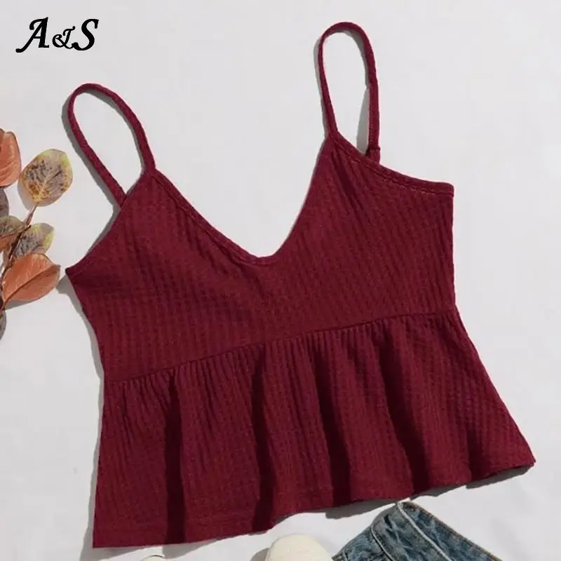 Купи Anbenser Ruffle Knitted Tank Top Women Summer Sleeveless Sexy V Neck Female Tops Solid Colors Girls Casual Basic Knit Vest Femme за 742 рублей в магазине AliExpress