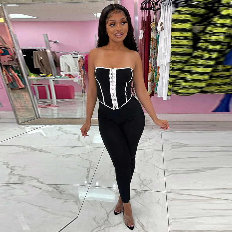 

Sexy Summer 2 Piece Matching Sets Strapless Corset Top Fitness Pants Streetwear Women Backless Clubwear Vacation Outfits