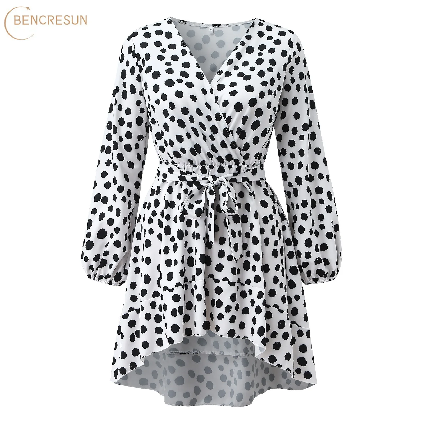 

Женское весеннее платье миди в горошек с леопардовым принтом и поясом, сексуальное женское платье с V-образным вырезом и асимметричным подо...