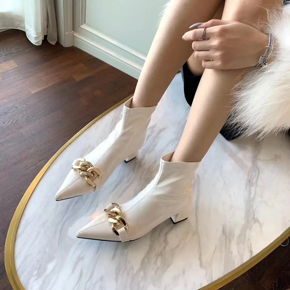 

Patent Leather Pointed Toe Women Ankle Boots Metal Chain Design Back Zipper Sock Boots Autumn Party Short Boots Mid Heeled