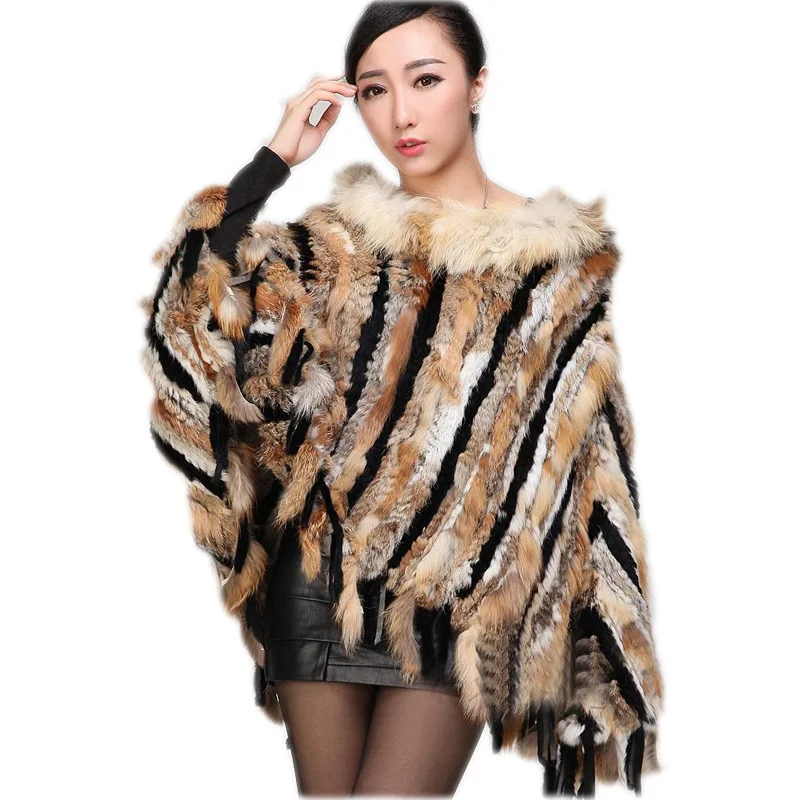Новинка 2020 настоящая Вязаная Шаль из кроличьего меха пончо палантин с кисточками