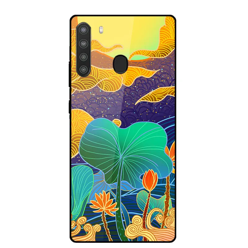 

Case For Samsung A21 Fashion Painted Tempered Glass Back Cover For Samsung Galaxy A21 A 21 Silicone Bumper Protection Phone Case
