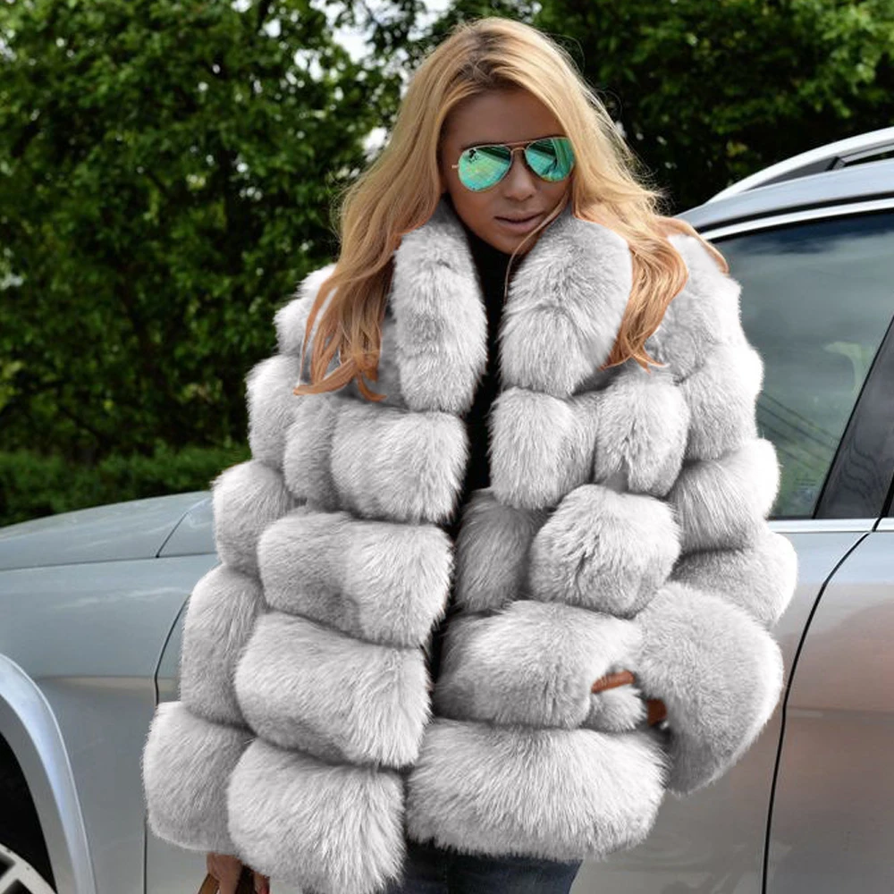 Women Ladies Winter Long Sleeve Warm Thick Faux Fur Coat Luxury Rabbit Hair Loose Fashion Imitation Fur Jacket Caots Long Sleeve