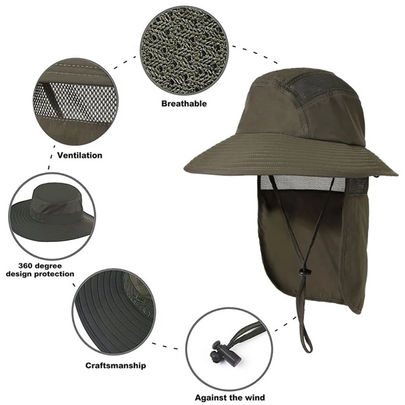 

Summer Fishing Hat Wide Brim Breathable Hiking Cap Neck Flap Cover Bucket Hat Outdoor Sports Sun Protection Cap h
