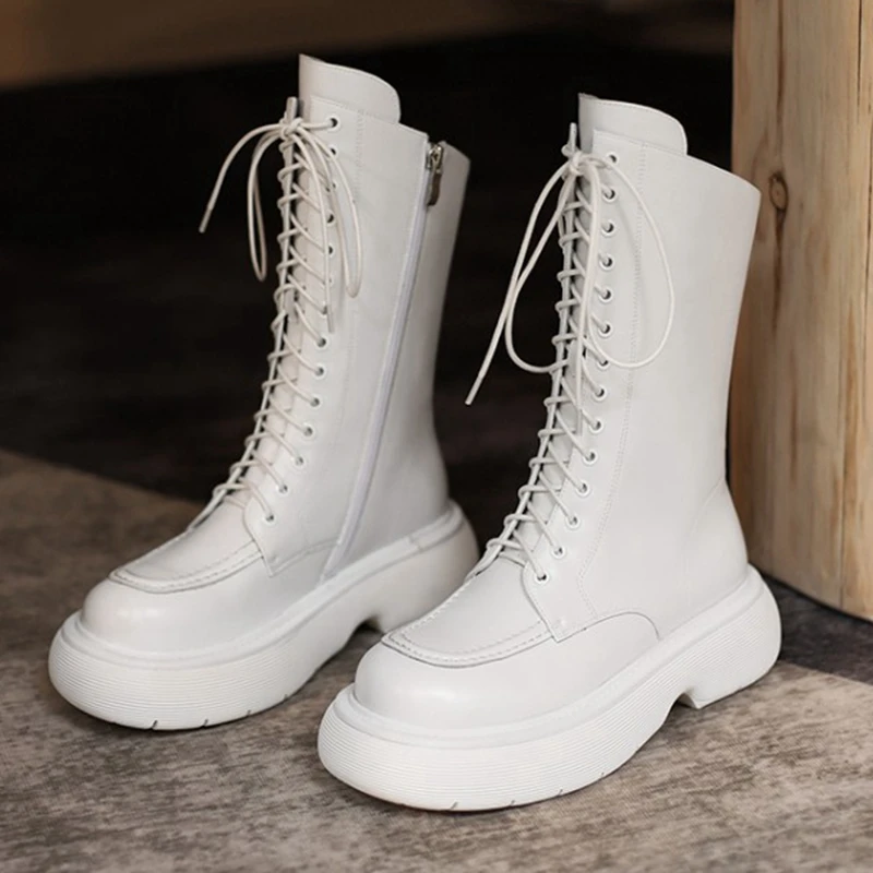 Online Sepatu Platform Tahan Air 5.5CM Ujung Bundar Berenda Kulit Asli Sepatu Bot Wanita Musim Gugur Musim Dingin Sepatu Bot Pergelangan Kaki Mode Santai S2377