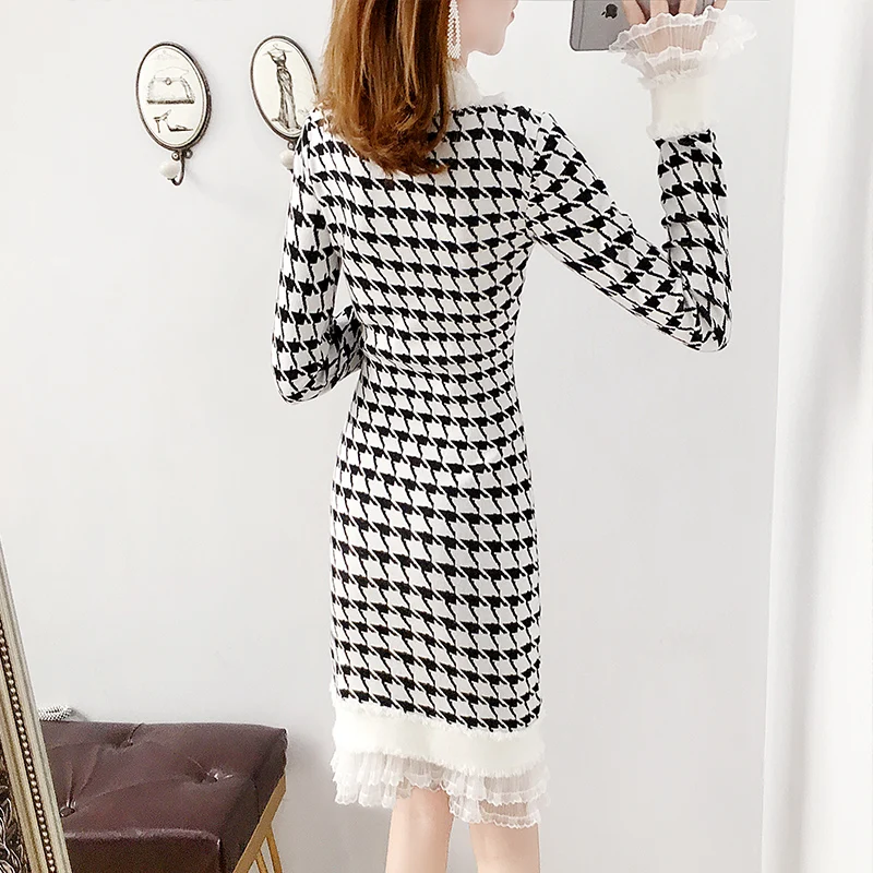 Robe en tricot pour femmes, tenue d'automne et d'hiver, auto-culture avec tempérament pied-de-poule