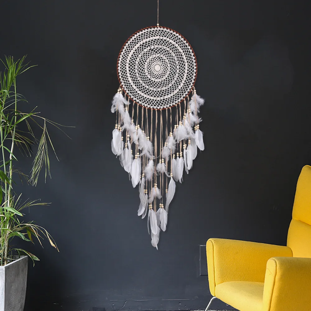 

Beige 40cm Large Round Handmade DIY Dream Catchers Metal Ring Circle Hanging Outdoor Decorations Bedroom Home Decors BMW005