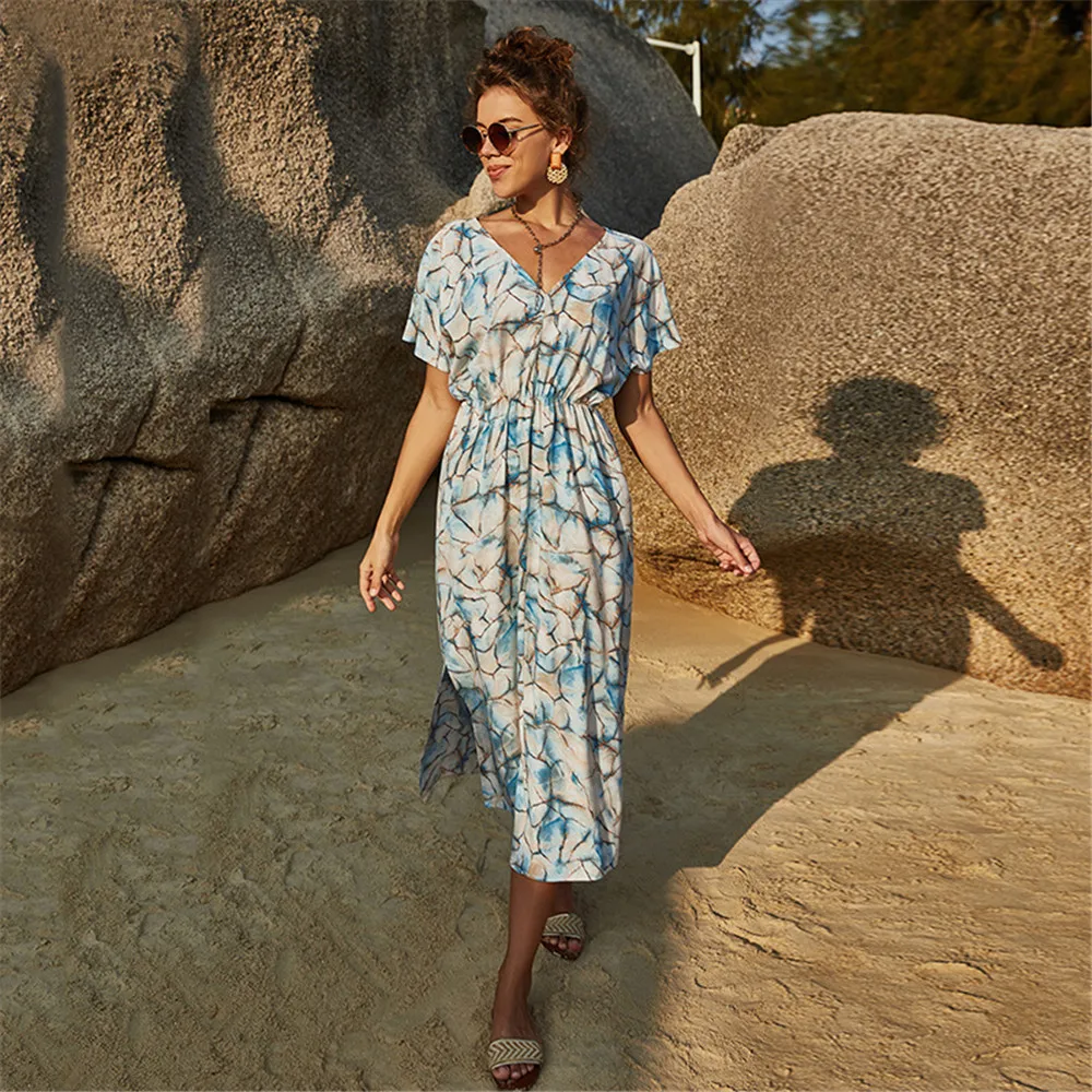 

Модное сексуальное платье с v-образным воротом, летнее платье с коротким рукавом, с принтом с узкой талией халат размера плюс женское платье ...